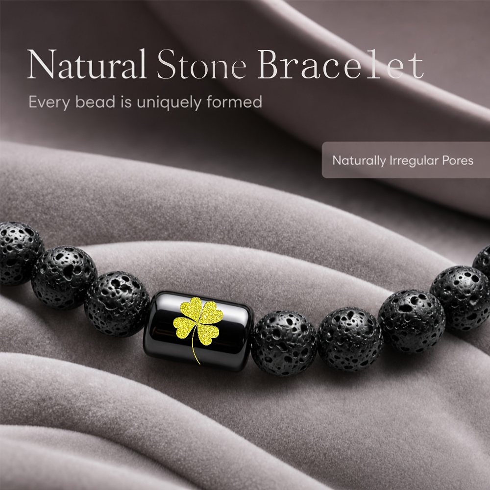 Women's Natural Stone Beaded Bracelet with Golden Four-Leaf Clover
